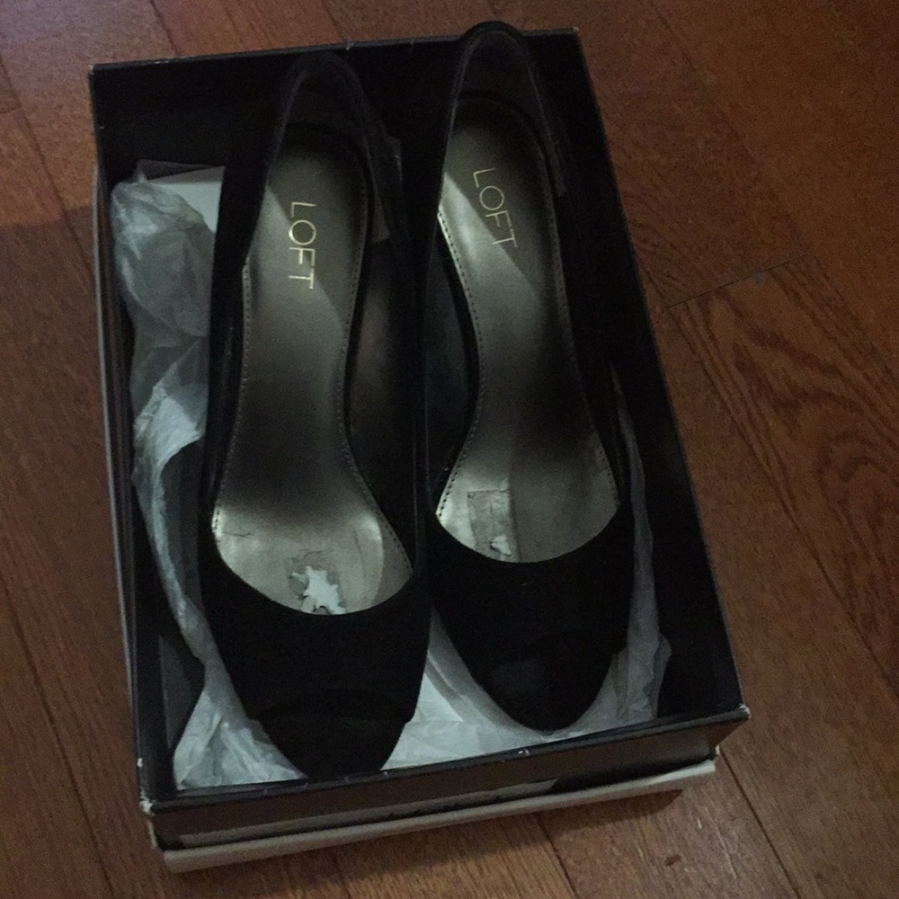 Loft black suede wedge peep toe shoes. Size 9.